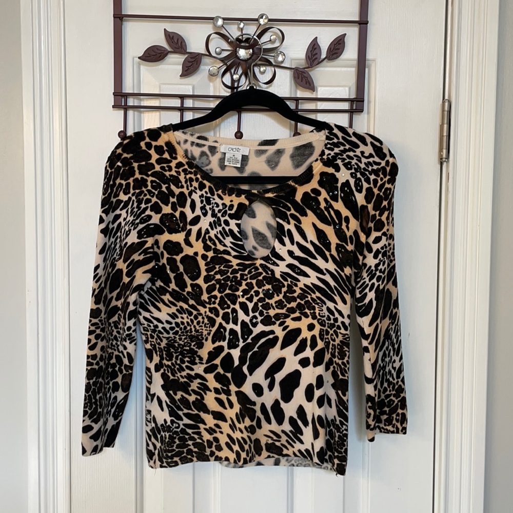 Caché Leopard Print Sweater w/ Peephole & Embellishments